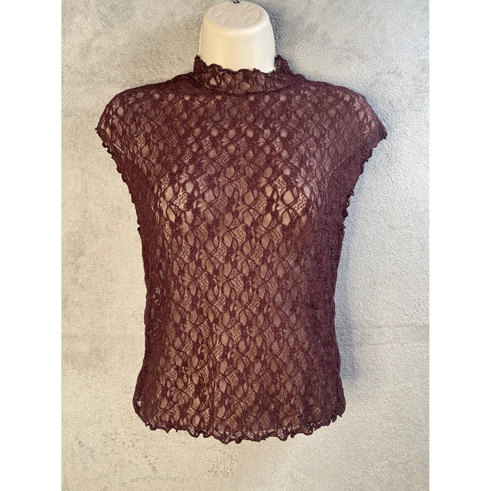 Old Navy Lace Mock Neck Top Womens XS Petite Brown Sheer Coquette Dark Romantic